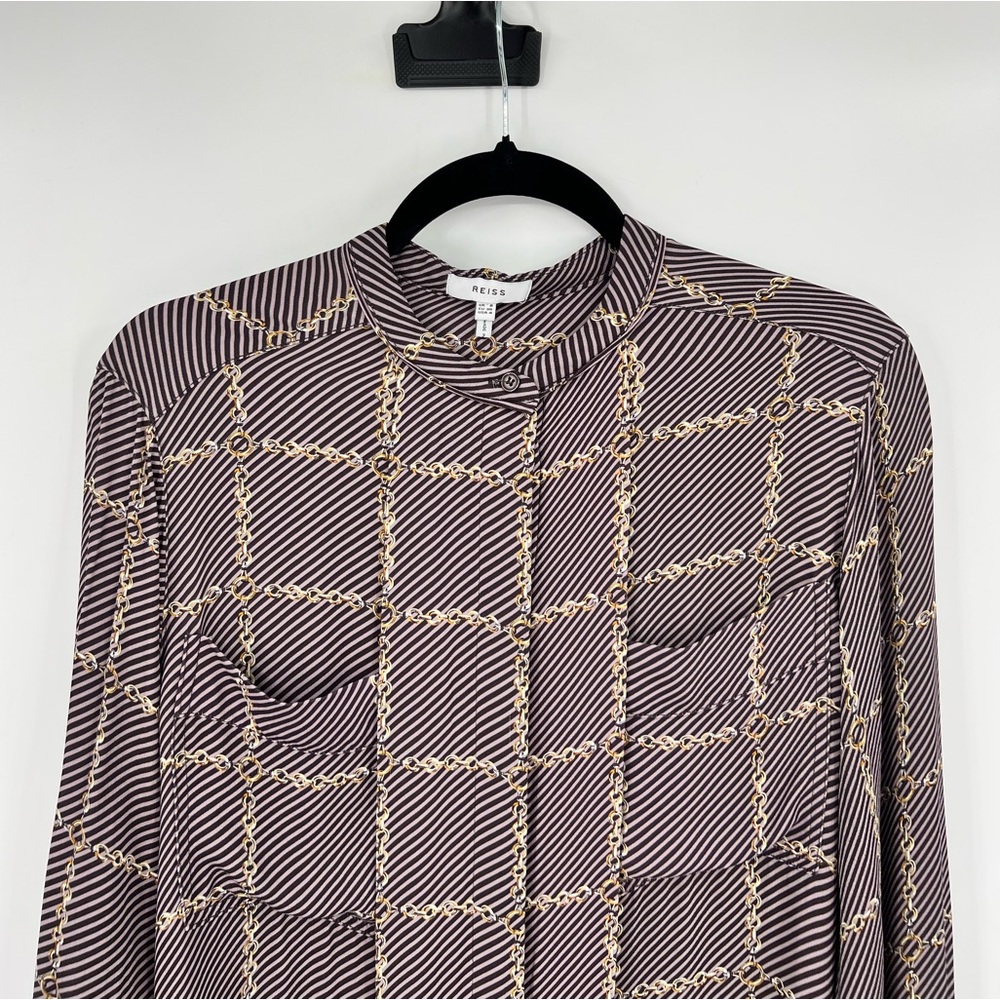 REISS Nyla Chain Link Print Button Down Top Blouse Striped Long Sleeve Size 4 - Picture 7 of 16